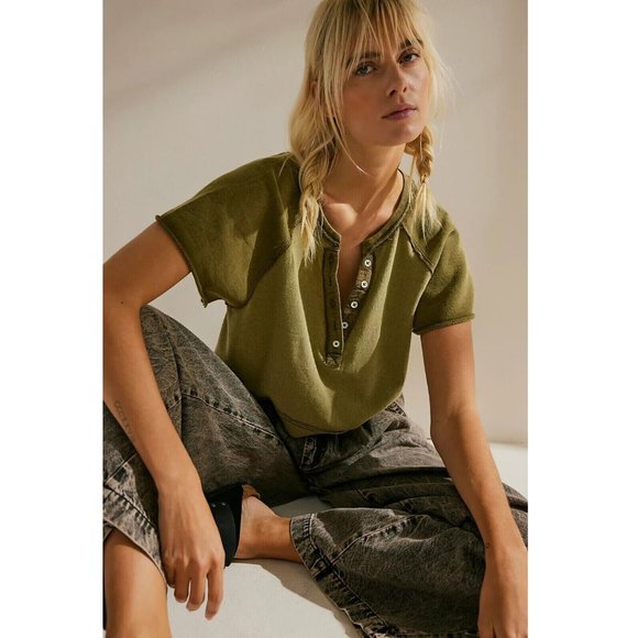 Free People Tops - Free People We The Free Eyes Closed Henley Cropped Top Cotton Slouchy M
